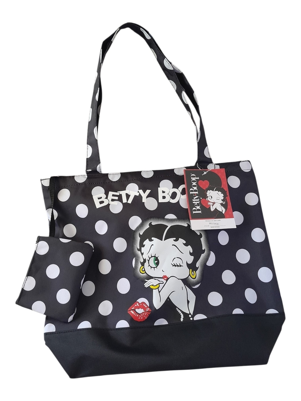 Betty Boop Black White Polka Dot Tote Bag With Matching Pouch NWT